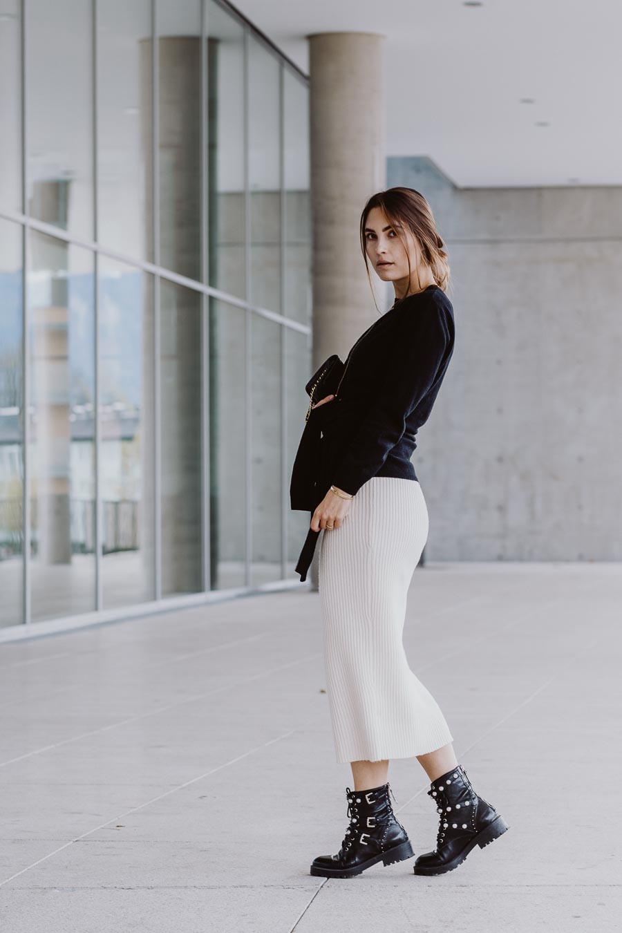 white wool skirt outfit