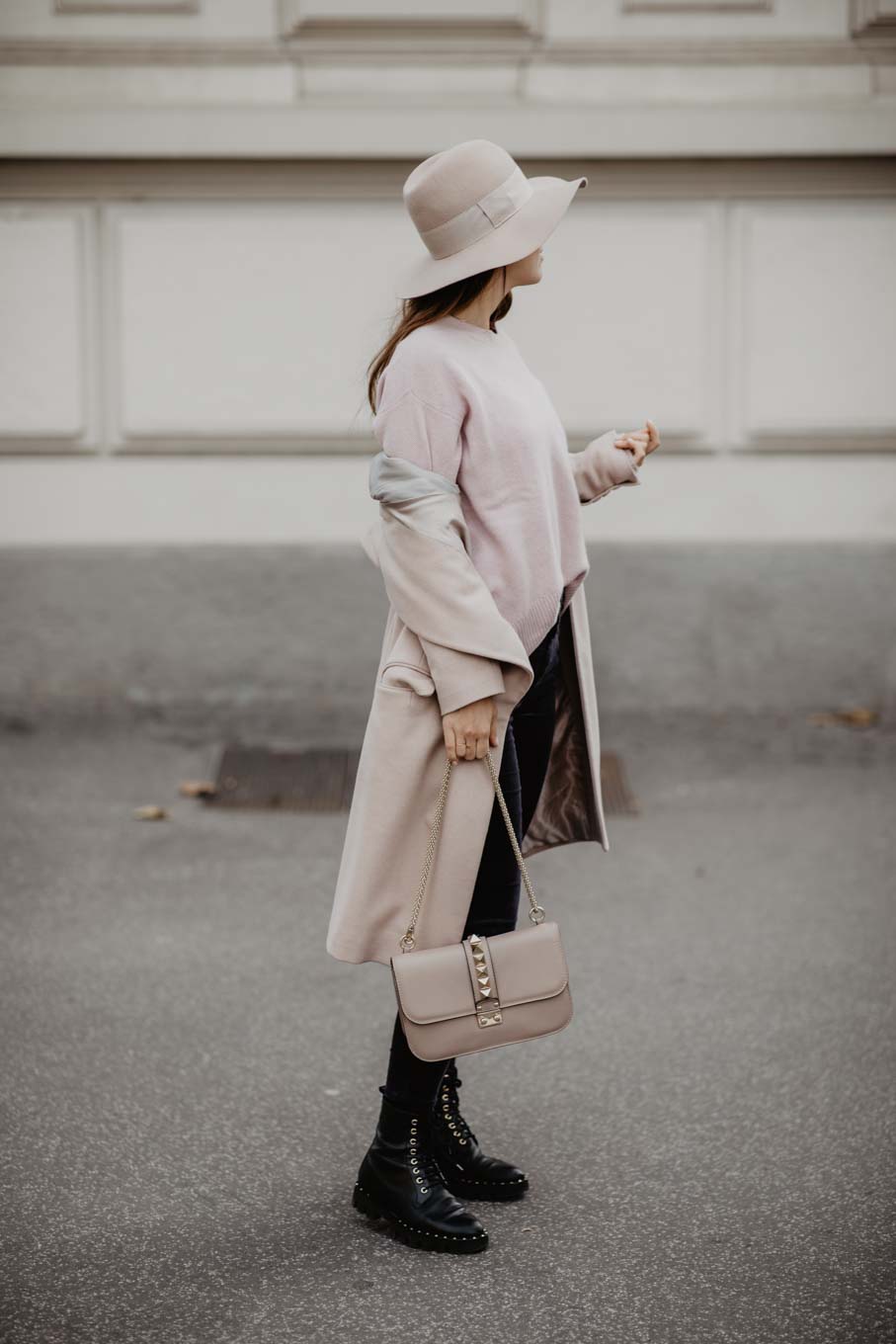 Outfit: Blush Pink In Winter  Pink bags outfit, Valentino